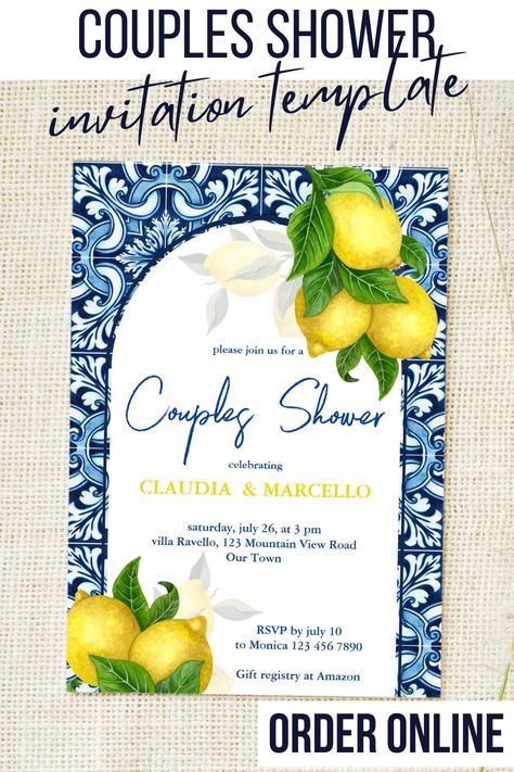 Blue tiles and lemons Amalfi Positano Mediterranian style couples shower Invitation template, available as digital download and high quality prints on variety of paper Italian Baby Showers, Lemon Invitations, Lemon Themed Bridal Shower, Citrus Baby, Couples Shower Invitation, Lemon Watercolor, Summer Baby Shower, Couples Shower Invitations, Themed Bridal Shower