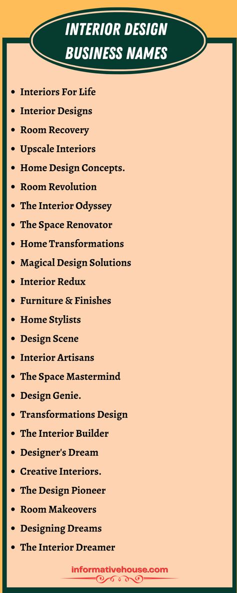 Creative Ideas for Naming Your Interior Design Business -InformativeHouse Interior Office Name Idea, Architecture Names Ideas, Architect Firm Name Ideas, Interior Design Firm Names Ideas, Interior Design Business Names, Firm Names Ideas, Interior Design Company Names, Creative Business Names List, Design Business Names