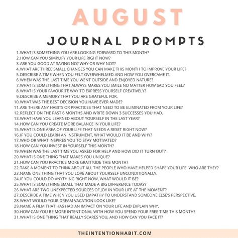 August Journal Prompts, Yearly Journal, August Journal, Habit Journal, Deep Conversation Topics, Conversation Topics, Writing Therapy, Journal Writing Prompts, Bettering Myself