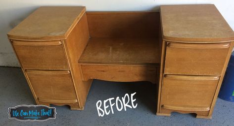 Vanity Redo | Turn a vanity into a bench with these 5 steps including images! Read more on the blog. Vanity Redo, Stainless Steel Contact Paper, Gossip Bench, Old Vanity, Makeup Stand, My Vanity, House Guests, Upcycled Furniture Diy, Dresser Vanity