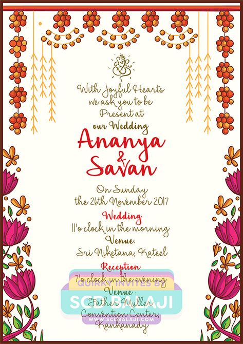 Quirky Indian Wedding Invitations - Mangalore Wedding Invitation Design and Illustration Engagement Invitation Wording, Wedding Card Background, Wedding Invitation Content, Wedding Card Wordings, Indian Invitations, Wedding Card Design Indian, Engagement Invitation Cards, Wedding Invitation Styles, Hindu Wedding Invitations