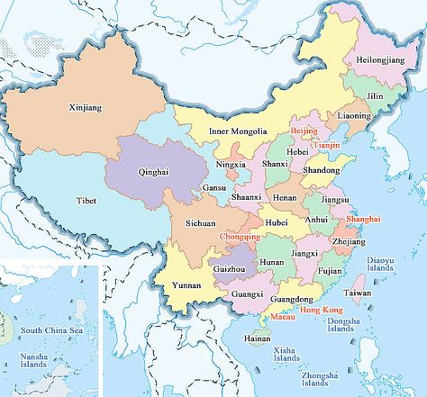 Map of China Provinces and Cities China has 34 provincial-level administrative units: 23 provinces, 4 municipalities (Beijing, Tianjin, Shanghai, Chongqing), 5 autonomous regions (Guangxi, Inner Mongolia, Tibet, Ningxia, Xinjiang) and 2 special administrative regions (Hong Kong, Macau). Map Of China, World History Lessons, China City, China Map, World Thinking Day, Asia Map, Geography Map, Asian History, Chinese History