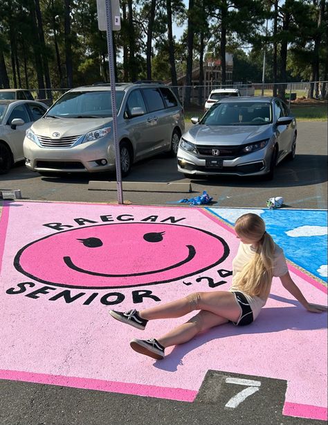 Hot Pink Parking Spot, Cute Parking Spot Painting Ideas, Senior Parking Spaces Funny, Senior Spots, Parking Lot Painting, Senior Year Fun, Senior Parking Spot, Parking Spot Painting, Spot Painting