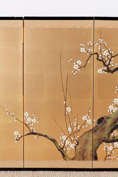 For Sale on 1stdibs - Attractive Japanese four panel byobu screen depicting an ancient Sakura tree or cherry blossom prunus tree in spring. Painted on squares of gold leaf and Hand Painted Wardrobe, Painted Wardrobe, Flowering Cherry Tree, Japanese Screen, School Painting, Panel Screen, Sakura Tree, Sakura Cherry Blossom, Lake Landscape