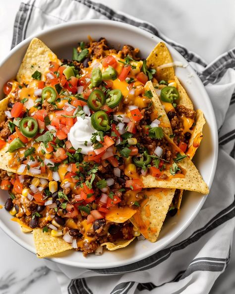 Loaded Vegan Nachos🧀 The ultimate snack! Follow @plantiful.palate for more recipes🗒️ Recipe: Ingredients: - For the nachos: - 1 large bag of tortilla chips - 1 cup black beans, cooked and drained - 1 cup vegan soya mince (store-bought or homemade) - 1 cup sweetcorn (fresh, canned, or frozen) - 1 cup vegan cheddar cheese, shredded - 1 cup vegan mozzarella cheese, shredded - For the toppings: - 1 tomato, finely chopped - 1 small red onion, finely chopped - 1 jalapeño pepper, thinly... Nacho Food Photography, Easy Vegan Nacho Cheese, Vegan Nachos Plant Based, Vegan Loaded Nachos, Vegan Mozzarella Cheese, Vegan Nacho Cheese, Vegan Cheddar Cheese, Loaded Nachos, Vegan Nachos