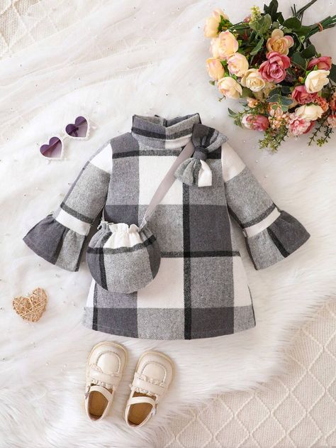 Baby Girl Plaid Print Flounce Sleeve Bow Front Dress With Bag | SHEIN USA Neck Bow, Shein Dress, Hijab Fashion Inspiration, Winter Baby, Flounce Sleeve, Baby Winter, Plaid Print, Toddler Dress