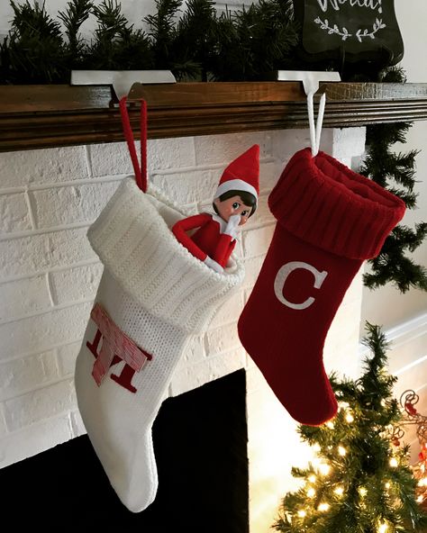 Trixie tried to steal a stocking #elfontheshelf Elf In Stocking Shelf Ideas, Elf On The Shelf Stocking Ideas, Elf In Stocking, Stocking Shelves, Elf Ideas Easy, Elf Ideas, Shelf Ideas, On The Shelf, Xmas Decorations