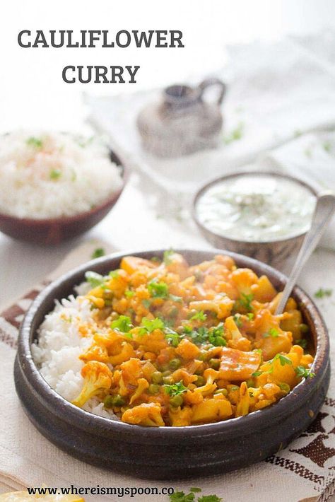 Vegan cauliflower curry with potatoes, an aromatic Indian curry, healthy and full of spices. #whereismyspoon #cauliflowerrecipes #cauliflowercurry #potatocurry #indiancurry #indianrecipe #vegancurry #vegancauliflowercurry Vegan Cauliflower Curry, Curry Potatoes, Curry With Potatoes, Curry Healthy, Recipes Cheap, Masala Sauce, Beans Curry, Easy Cauliflower, Vegan Cauliflower