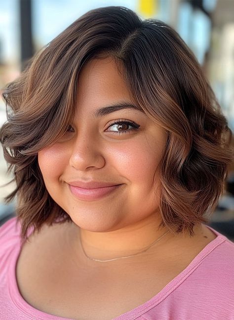 33 Flattering Short Haircuts for Chubby Women : Soft Wavy Bob for a Sweet Look Warm Chestnut Brown Hair, Short Haircut For Round Faces, Short Hair Round Face Plus Size, Brown Hair Colour, Hair Color Brown Chestnut, Hairstyles For Seniors, Chestnut Brown Hair, Short Hair Cuts For Round Faces, Hairstyle For Chubby Face