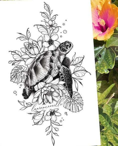 Turtle Flowers Tattoo, Turtle And Sunflower Tattoo, Hibiscus And Turtle Tattoo, Floral Turtle Tattoo, Sea Turtle Thigh Tattoo, Flower And Ocean Tattoo, Turtle Tattoo Forearm, Sea Turtle And Flower Tattoo, Turtle Compass Tattoo