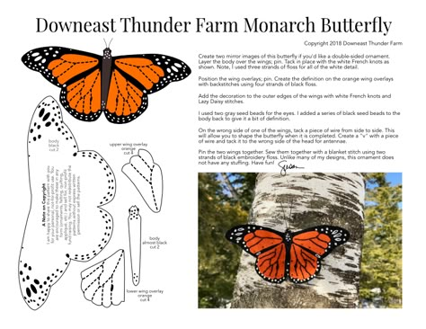 The Magnificent Monarch Butterfly | Downeast Thunder Farm Felt Ornaments Patterns, Bird Christmas Ornaments, Lazy Daisy Stitch, Wool Applique Patterns, Fabric Butterfly, Bird Crafts, Felt Embroidery, Wool Projects, Felt Birds