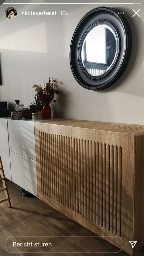 Radiator Mask Design, Mid Century Radiator Cover, Ikea Hack Radiator Cover, Tv Above Radiator, Radiator Paint Ideas, Radiator Decor Ideas, Radiator Cover Ideas, Modern Radiator Cover, Mudroom Benches