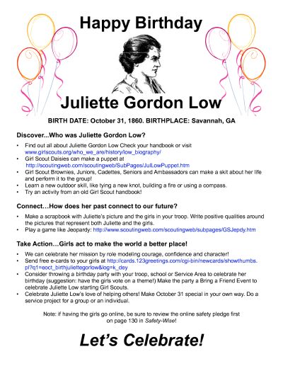 Juliette Gordon Low Birthday Bash. Girlscout Brownies, Birthday Worksheet, Junior Girl Scout Badges, Girl Scouts History, Scouts Activities, Girl Scout Meeting Ideas, Juliette Gordon Low, Girl Scout Troop Leader, Girl Scout Daisies