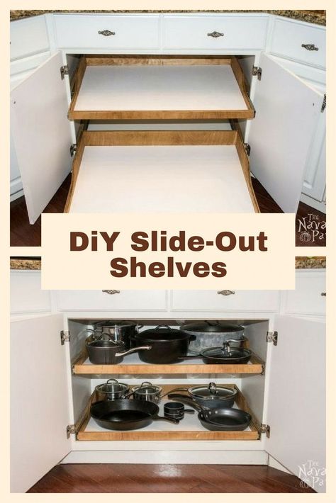 DiY Slide-Out Shelves - A husband and wife want more kitchen cabinet space, but instead of simply decluttering they do THIS! #diykitchen Diy Slide, Cheap Kitchen Makeover, Diy Slides, Slide Out Shelves, Diy Regal, Kitchen Diy Makeover, Best Kitchen Cabinets, Hemma Diy, Remodeling Kitchen