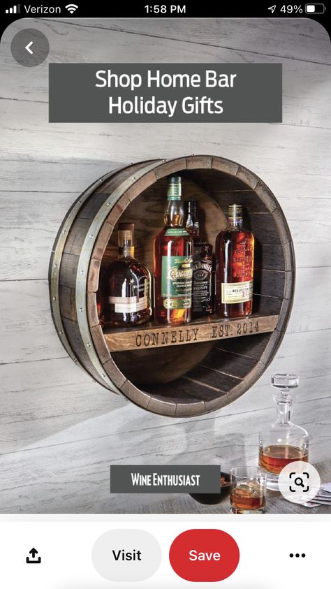 Whiskey Barrel Bar, Personalized Whiskey Barrel, Photowall Ideas, Barrel Bar, Whiskey Barrels, Bar Shelves, Rustic Shelf, Bar Shelf, Personalized Whiskey