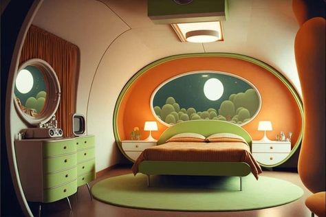 Retro Futurism Bedroom, 1960s Interior Design, Space Age Interior, 70s Room, 80s Interior Design, 80s Interior, 70s Interior, Spaceship Interior, Retro Interior Design