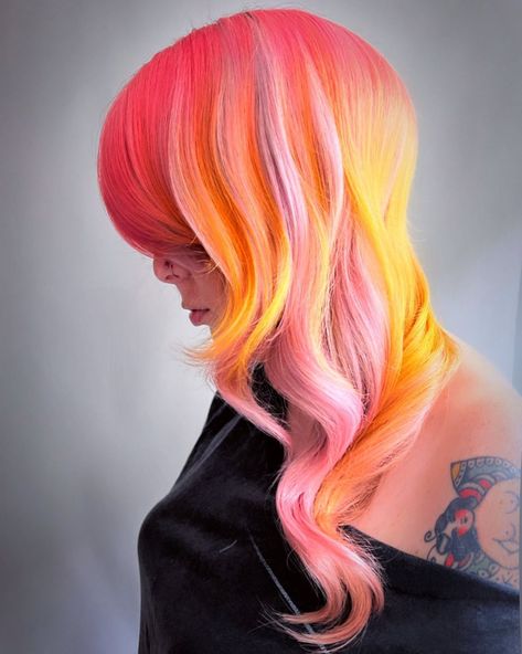 NEON BLONDE (@the.neon.blonde) posted on Instagram: “⚡️NEON SUNSET⚡️ . This is half n’ half split hair-color. One side is pastel pink, the other is a neon sunset ombré. I played with the part…” • Mar 16, 2022 at 2:10am UTC Neon Sunset, Split Hair, Cool Hair Color, One Sided, Pastel Pink, Hair Ideas, Cool Hairstyles, Split, Hair Color