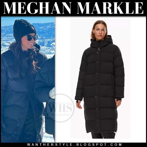 Meghan Markle in black aritzia puffer coat the super puffer and black beanie moncler Black Long Puffer Coat Outfit, Black Winter Travel Puffer Jacket, Meghan Markle Beanie, Meghan Markle Coat, Aritzia Puffer, Long Black Puffer Coat, Luxury Black Puffer Outerwear, Meghan Markle Outfits, Black Puffer Coat