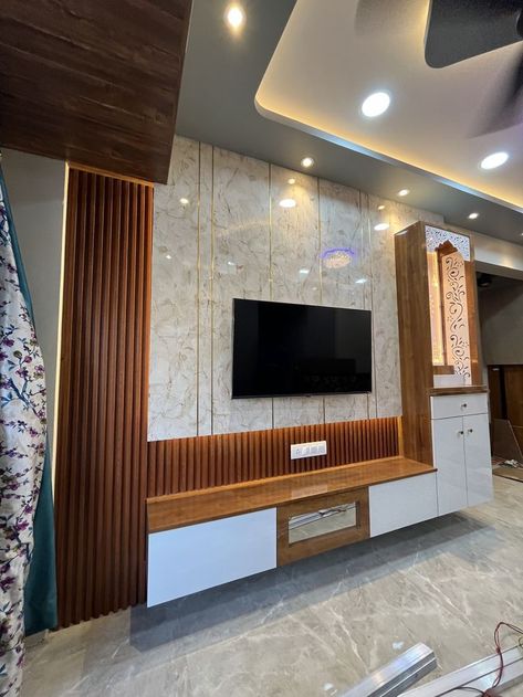 Tv Unit Near Entrance Door, Tv Panel With Mandir, Tv Unit Design Modern With Mandir, Tv Cabinet With Pooja Unit, Tv Unit Attached Mandir, Tv Wall Design With Mandir, Tv Unit With Puja Unit, Tv Unit With Pooja Unit, Tv Unit With Mandir