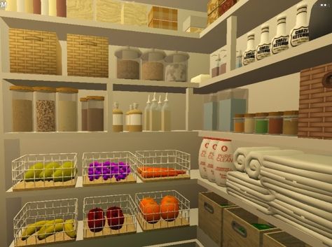 bloxburg pantry design idea, aesthetic design pantry Walk In Pantry Bloxburg Ideas, Pantry Organization Ideas Bloxburg, Bb House Ideas, Roblox Bloxburg Pantry Room Ideas, Pantry Room Bloxburg, Bloxburg Pink Kitchen Ideas, Roblox Pantry Ideas, Bloxburg House Ideas Fall Bathroom, Blox Burg Kitchen Ideas Aesthetic