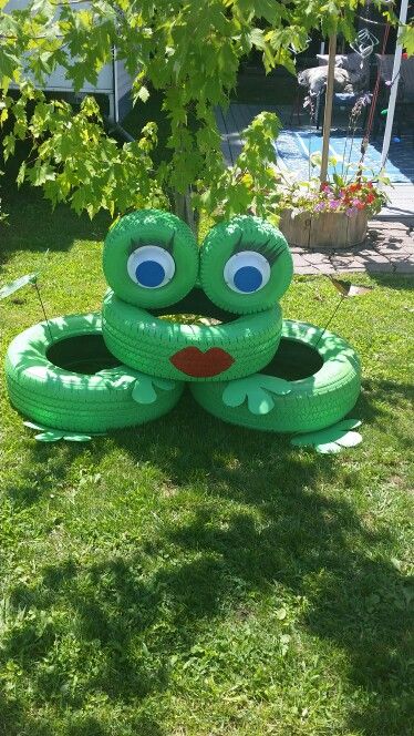 Our tire frog at camp Tire Upcycle, Tyre Craft, Tire Frog, Frog Diy, Traffic Calming, Tire Projects, Tire Craft, Recycled Tires, Crafts With Glass Jars