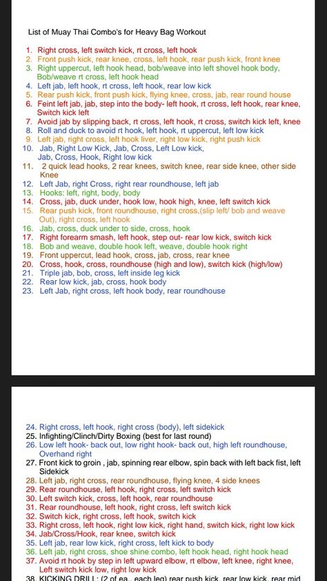 http://kickboxingathome.com/wp-content/uploads/2012/09/Master_Combo_List.pdf Kickboxing Workout Routine, Cardio Kickboxing Routine, Kickboxing Routine, Muay Thai Workouts, Boxing Routine, Cardio Kickboxing Workout, Heavy Bag Workout, Home Boxing Workout, Muay Thai Martial Arts