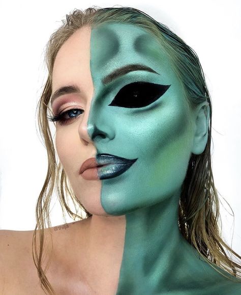 Alien Halloween Makeup, Alien Make-up, Aesthetic Alien, Alien Makeup, Alien Halloween, Creepy Halloween Makeup, Face Art Makeup, Face Paint Makeup, Horror Makeup