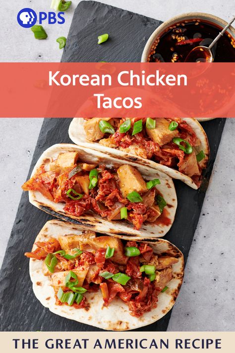 As seen on The Great American Recipe, these tacos blend Korean flavors with Mexican flair, and are a favorite for any gathering. Korean Chicken Tacos, Fusion Tacos, Pbs Food, Korean Chicken, Cooking Competition, Korean Dishes, Asian Inspired Recipes, Chicken Tacos, American Food