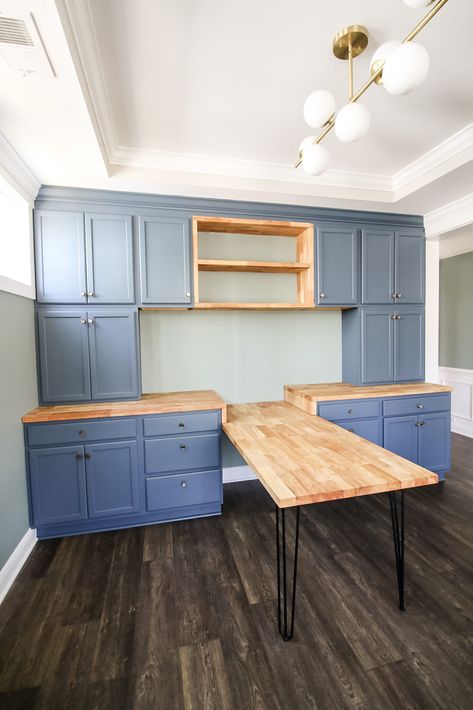 Home office built ins with butcher block shelves Built In With Pull Out Desk, Desk With Wall Storage, Built In With Fold Out Desk, Built In 2 Person Desk And Shelves, Diy Desk Wall Unit, Home Office Wall Cabinets, T Desk Home Office, Desk And Storage Wall, Craft Room Built Ins