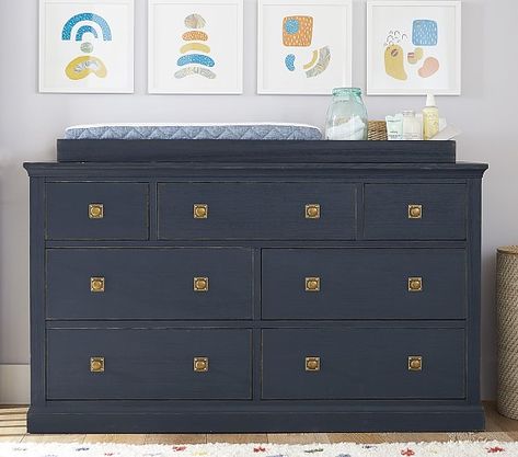 Charlie Extra Wide Changing Table Dresser & Topper | Pottery Barn Kids Navy Dresser, Dresser Topper, Craft Tables, Extra Wide Dresser, Classic Dressers, Antique Drawer Pulls, Baby Dresser, Changing Table Dresser, Nursery Dresser