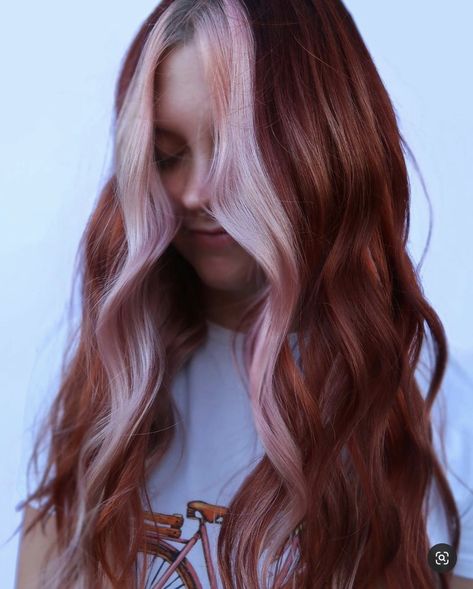 Brown Hair Fun Color, Pink And Auburn Hair, Coral Money Piece Hair, Copper Hair With Pink, Copper Hair With Pink Highlights, Copper Hair Pink Money Piece, Red Hair Blonde Underneath, Maroon Hair Pink Money Piece, Copper Red Hair With Pink Highlights