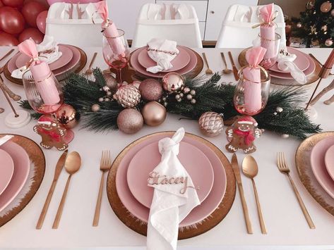 Blush Christmas Christmas/Holiday Party Ideas | Photo 8 of 20 | Catch My Party Christmas Rose Gold Decorations, Christmas Table Pink, Rose Gold Christmas Table Setting, Pink Xmas Decorations, Xmas Table Settings, Pink And Gold Christmas Decor, Rose Gold Christmas Table, Rose Gold Table Setting, Pink Christmas Table Setting