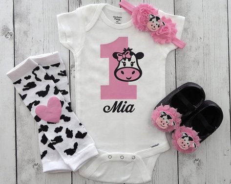 First Birthday Outfits Monthly Onesies Baby by noellebydesign Cow 1st Birthday Girl, Barnyard First Birthday, Cow 1st Birthday, Cow First Birthday, Sunflower Nursery, 1st Birthday Onesie, Monthly Onesies, Cow Birthday Parties, Cow Cakes