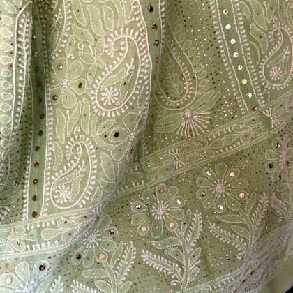 Pista Green Anarkali Embroidered Fabric With Chikankari, Green Anarkali Dress With Chikankari Embroidery, Festive Anarkali Chikankari Embroidered Fabric, Transitional Anarkali With Chikankari Embroidery, Sequin Blouse Saree, Festival Green Chikankari Embroidered Fabric, Anthropologie Pillows, Chikankari Anarkali, Chikankari Suits