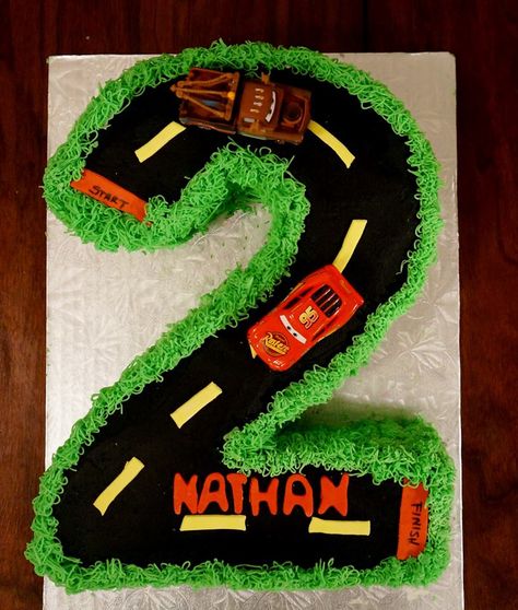 Number 2 race track cake with disney cars Number 2 Race Track Cake, Number 2 Race Car Cake, Number 2 Cake Cars, Number 2 Car Cake, Birthday Cake Disney, Race Track Cake, Race Car Cakes, Car Cakes, Cars Birthday Party