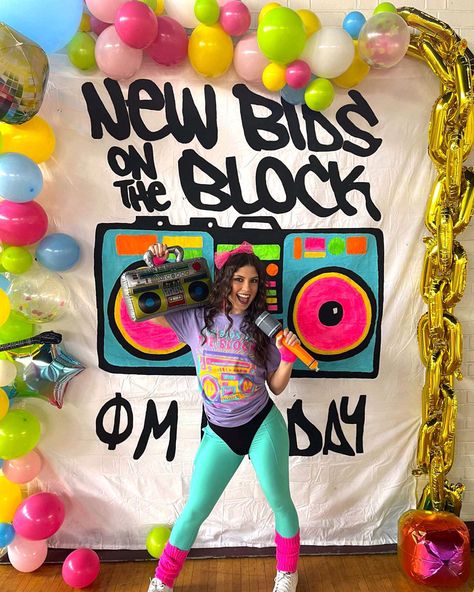 New Bids On The Block, Bid Day Ideas, Decades Party, 80s Birthday, Homecoming Floats, Sorority Themes, Sorority Banner, 90s Theme Party, 80's Party