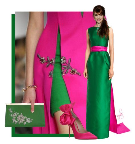 "Haute Couture, Hot Pink & Emerald Green" by judymjohnson ❤ liked on Polyvore featuring Oscar de la Renta, Kurt Geiger and Valextra Pink Runway, Fuschia Dress, Magenta Dress, Green Clutches, Emerald Dresses, Pink Emerald, Dark Green Dress, Emerald Green Dresses, Green Outfit