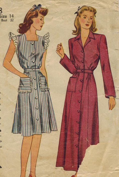 Lingerie Patterns, Retro Looks, 20th Century Fashion, Shirtwaist Dress, Fashion Design Sketches, Simplicity Sewing Patterns, 1940s Fashion, House Dress, Mode Vintage