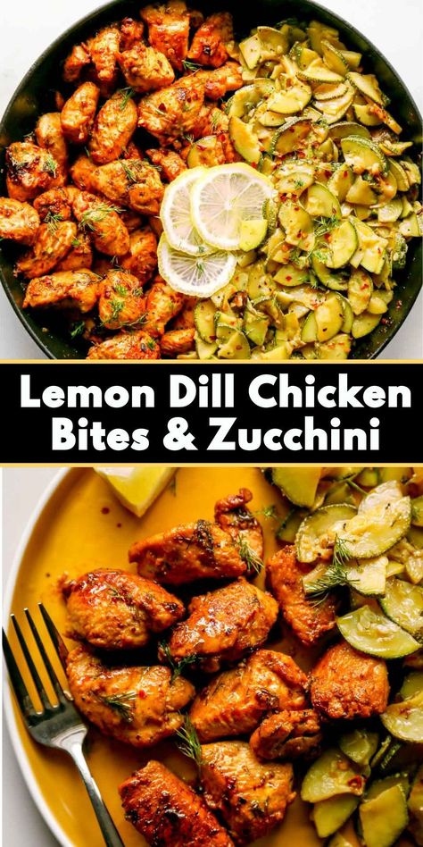 These chicken bites with zucchini are loaded with flavors like a pop of lemon, garlic, and fresh dill. It's the perfect chicken dinner you'll want to gobble any night of the week. #chickenbites #chicken #dinner #lunch #glutenfreechicken Chicken Zucchini Recipes, Garlic Chicken Bites, Lemon Dill Chicken, Buttery Rice, Dill Chicken, Dill Recipes, Lemon Garlic Chicken, Chicken Zucchini, Lemon Dill