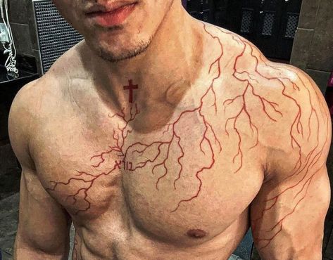 Tattoo Ideas For Men Lightning, Lighting Strike Tattoo Shoulder, Chest Lightning Tattoo, Lightning Tattoos For Men, Lightning Tattoo Shoulder Men, Lightning Chest Tattoo, Red Tattoos For Men, Lightning Sleeve Tattoo, Testosterone Tattoo