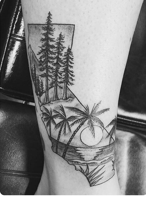 Beach And Mountain Tattoo Sleeve, South Carolina Tattoo Men, California Tattoo Ideas For Women, California Tattoo Ideas, South Carolina Tattoo, Carolina Tattoo, California Tattoos, Cali Tattoo, Florida Tattoo