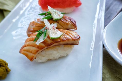 King Oyster Mushroom "Fish" Nigiri Sushi - Plant-Based Matters Mushroom Sushi, Best Sushi Rice, Vegan Japanese Food, King Oyster Mushroom, Vegan Japanese, King Oyster, Nigiri Sushi, Vegan Fish, Vegan Sushi