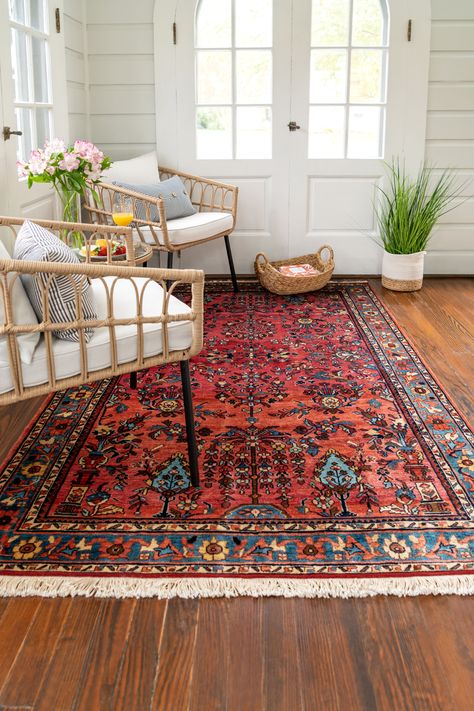 Eclectic Area Rug Living Room, Persian Rugs Bedroom, Red Bedroom Rug, Vintage Persian Rug Living Room, Bold Rug Living Room, Rugs In Office Space, Persian Carpet Interior, Persian Rug Office, Persian Rugs In Living Room