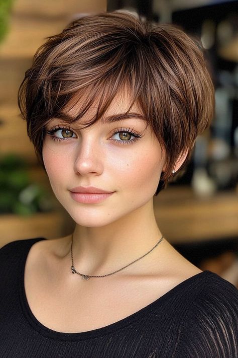 Very Short Bob Straight Hair, Pixie Haircut Cute, Back Of Layered Bob Haircut, Pixie Bob With Side Swept Bangs, Quirky Short Hairstyles, "bixie" Bob, Bob Haircut Tucked Behind Ears, Really Short Bob With Bangs, Pixie Bob For Round Face