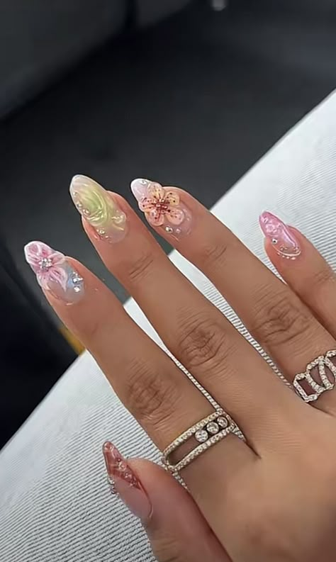 pink blue and green nails, 3D nail art, summer nails, beach vibe nails, alternating color nails, trendy nails, acrylics, gel x, almond beach nails 3d Flower Nails, Short Almond Nails, Chrome Nails Designs, Beach Festival, Nail Idea, Acrylic Flowers, 3d Nail Art, Nail Designs Summer, Chrome Nails