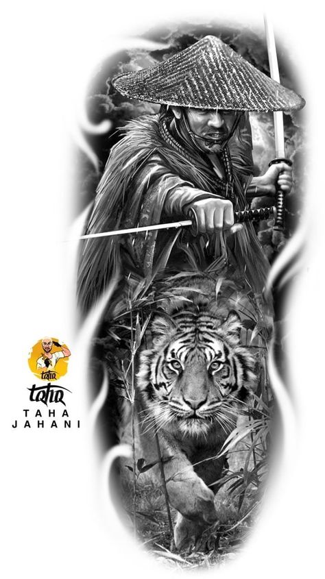 Tattoo Design Samurai And Tiger In 2022 image and visual related images Tato Realis, Japanese Warrior Tattoo, Samurai Tattoo Sleeve, Samurai Warrior Tattoo, Japanese Tiger Tattoo, Japanese Tattoos For Men, Tiger Tattoo Sleeve, Chicano Tattoos Sleeve, Samurai Tattoo Design