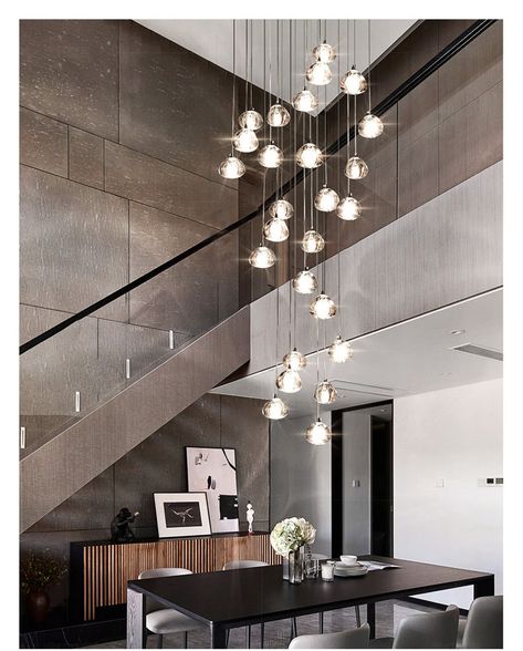 Staircase Living Room, Stainless Steel Ceiling, Steel Ceiling, Modern Crystal Chandelier, Stainless Steel Lighting, Staircase Chandelier, Hanging Crystals, Decoration Inspiration, Crystal Lamp