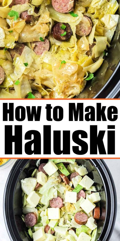 Cabbage And Noodles With Kielbasa Crock Pot, Kielbasa And Cabbage Recipes Crockpot, Crock Pot Haluski, Cabbage Crock Pot Recipes, Cabbage Sausage Recipes Crockpot, Recipes Using Kluski Noodles, Haluski Crockpot, Haluski Recipe Kielbasa, Instant Pot Haluski