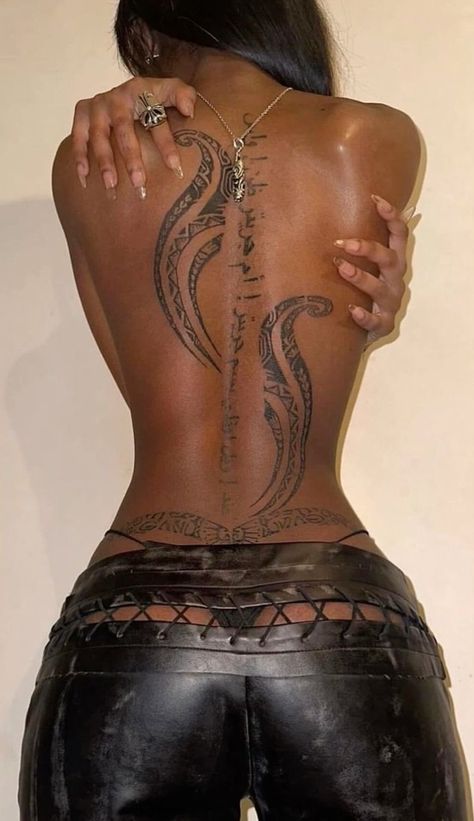 7 Chakra Back Tattoo, Back Tattoo Women Chakra, 7 Chakras Spine Tattoo, Chakra Back Tattoo Black Women, Chakras Down Spine Tattoo, Spine Tattoos For Women, Spine Tattoos, Black Tattoos, Back Tattoo