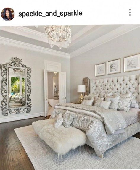 Glam Bedroom White Tufted Bed, Romantic Bedroom Decor, Glam Bedroom, Tufted Bed, Dekorasi Kamar Tidur, Bedroom Décor, Romantic Bedroom, غرفة ملابس, Trendy Bedroom